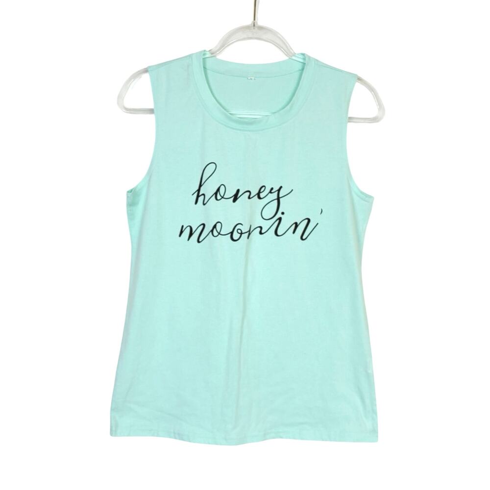 Honeymoon Tank Top Aqua Blue Scoop Neck Honey Moonin' Graphic Womens Small